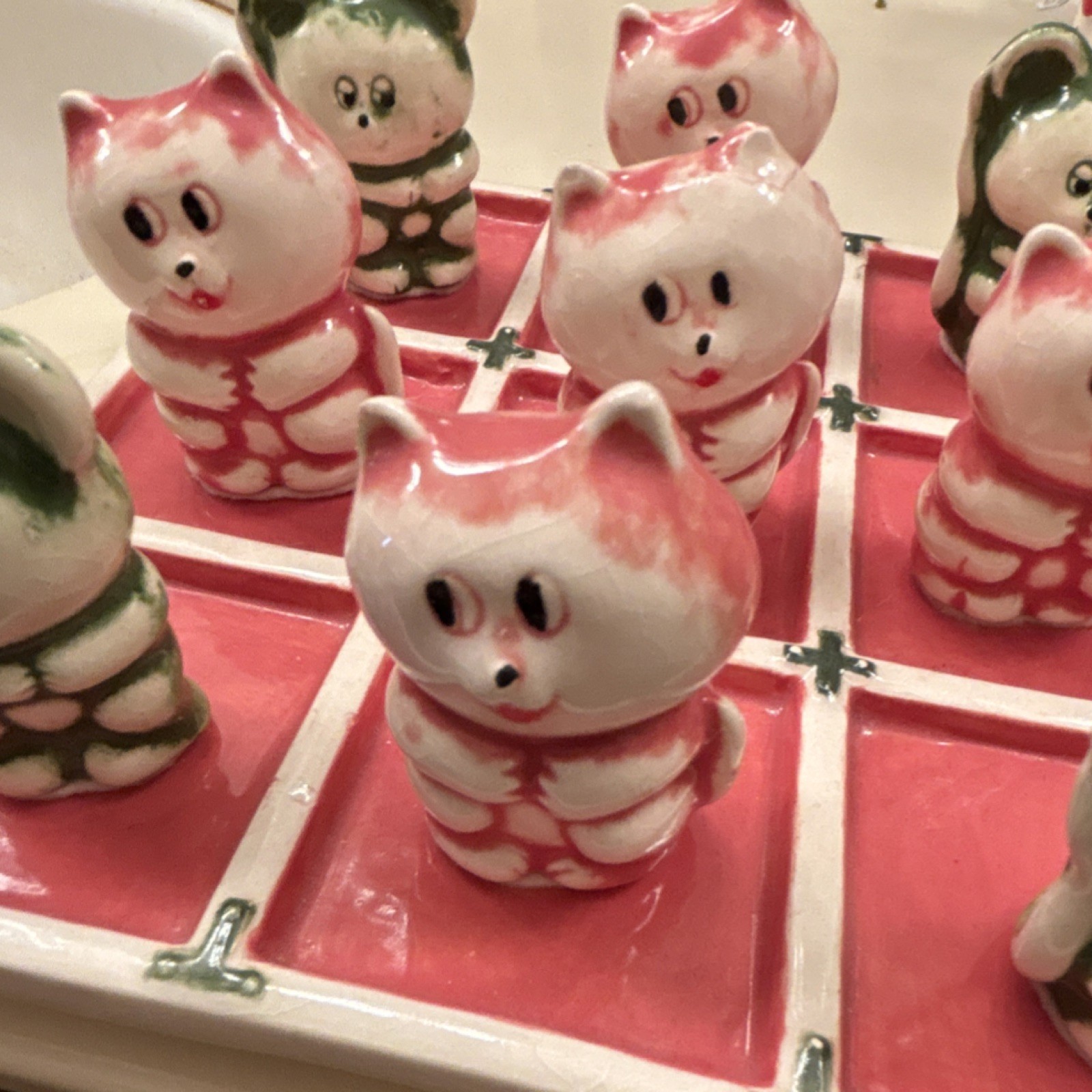 Ceramic Tic Tac Toe Board Game with Cat & Bear Figurines, Vintage Style