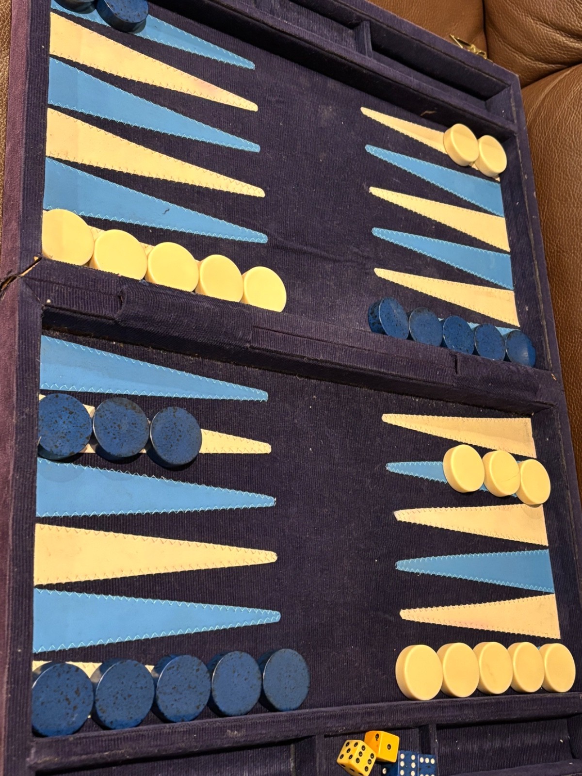 Vintage Backgammon Blue Corduroy Case Blue Black Speck + Cream Checkers