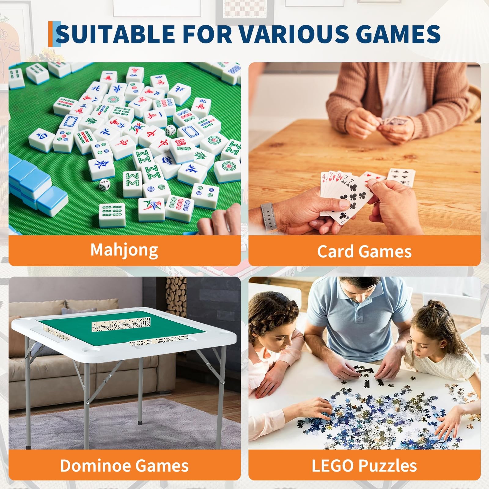 4 Player Fold Mahjong Table 35.4in Square Game Desk Green Wear Resist Top Trays
