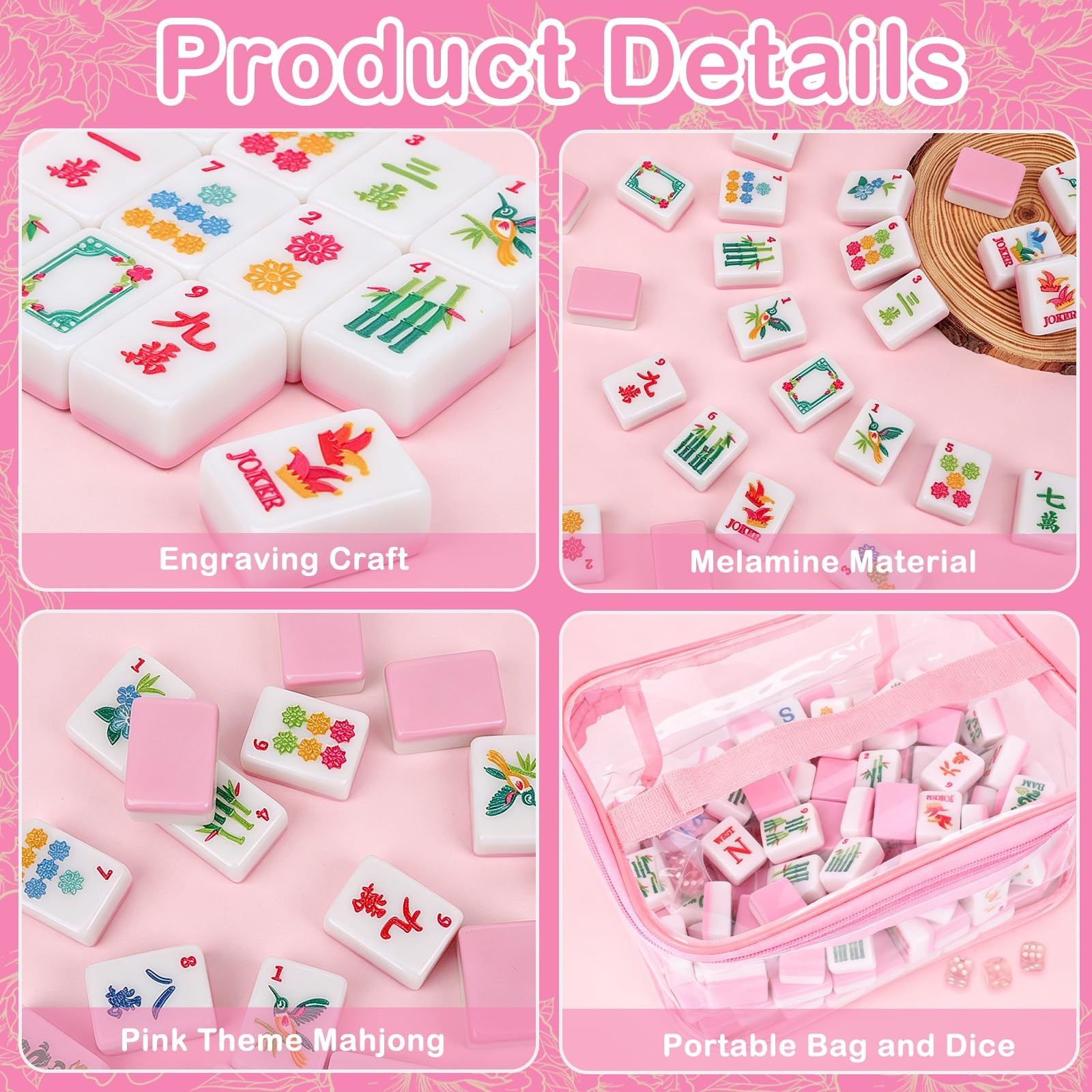 166 American Mahjong Tile Set with Storage Bag & Dice, 1.2″ Pink