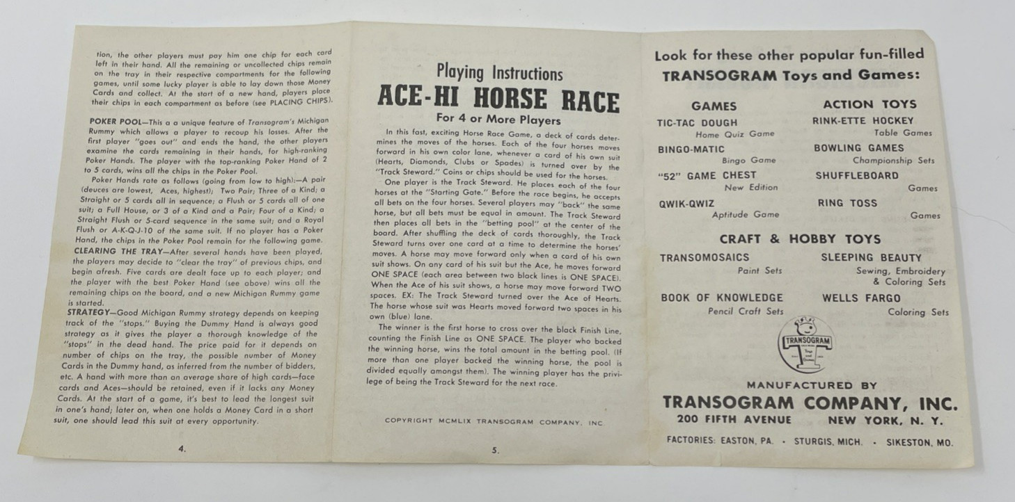 Vintage 1959 Transogram Michigan Rummy Ace Hi Horse Race Black Cat Tray
