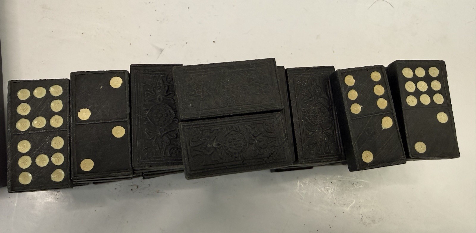 Vintage Dominoes Lot Black Embossed Crown Floral Spinner Tiles Leather Cas