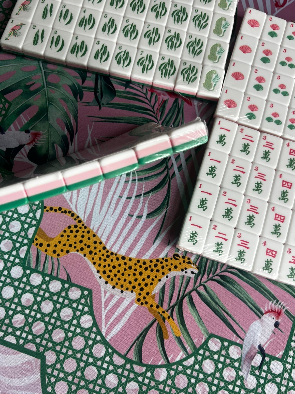 Green and Pink | American Mahjong Tile Set Beachy vibe with Cheetah Palm Mat