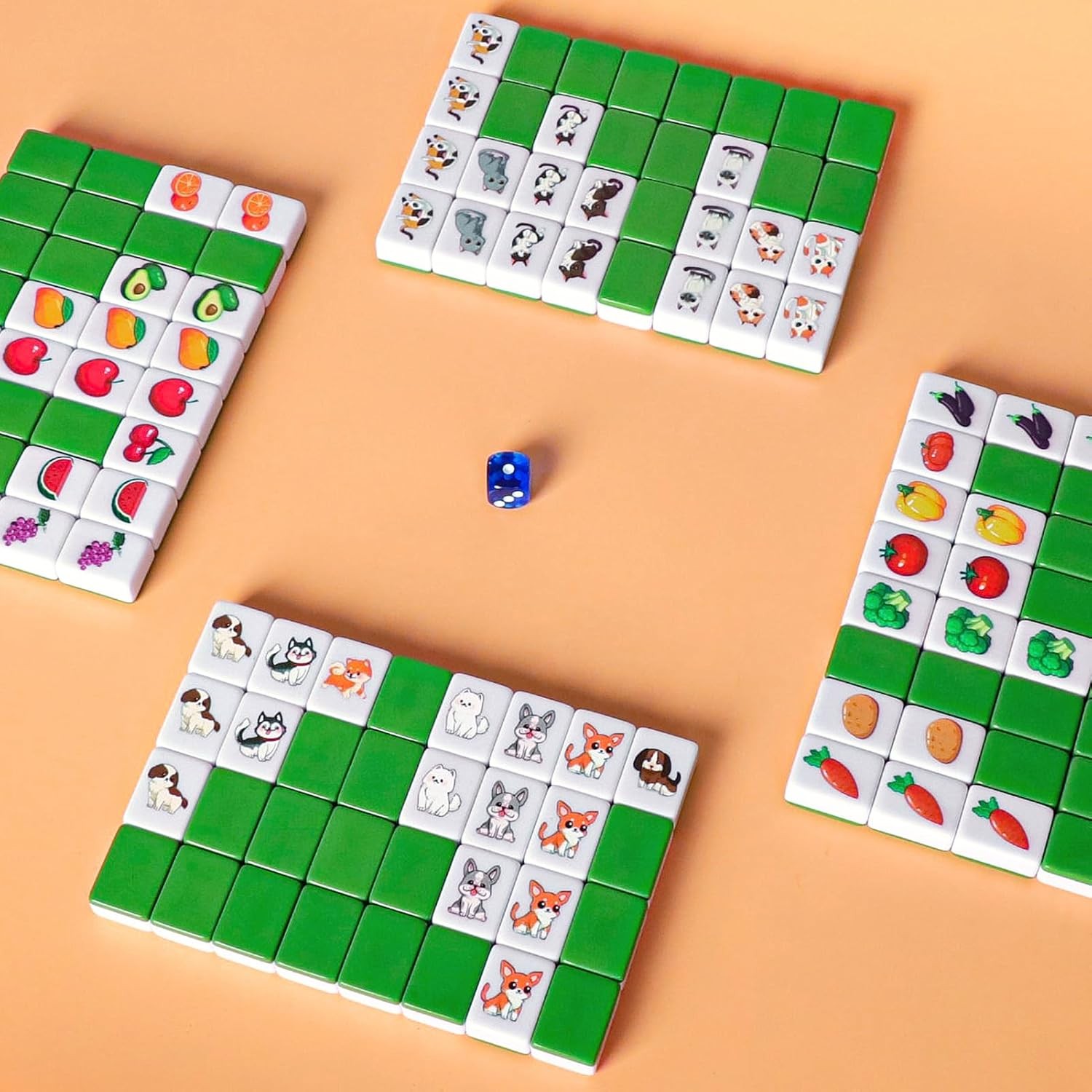 4 Players Mahjong Block Set, 128 Green Tiles(1.18”) with Animal and Food Pattern