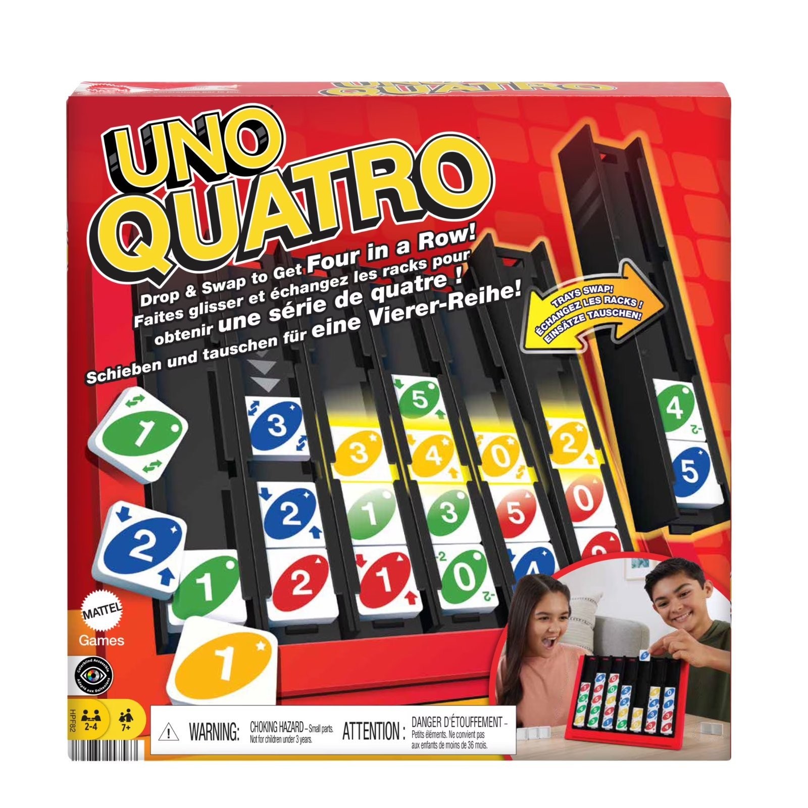 UNO Quatro Game, Adult, Colored Tiles & Plastic Game Grid, 2-4 Players, 53 Piece