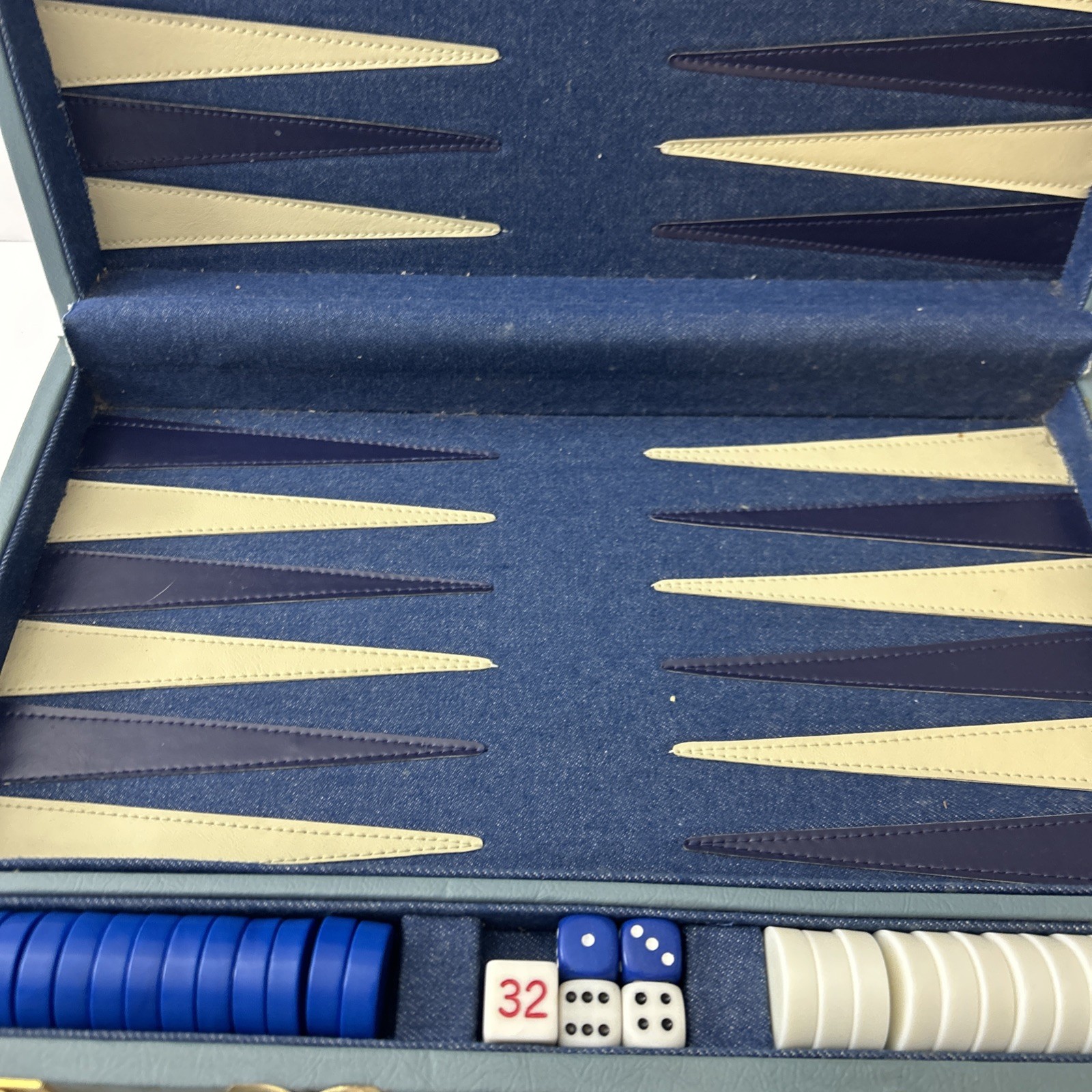 Vintage Backgammon Set Blue Corduroy Case Blue White Bakelite Chips 15” X 20”