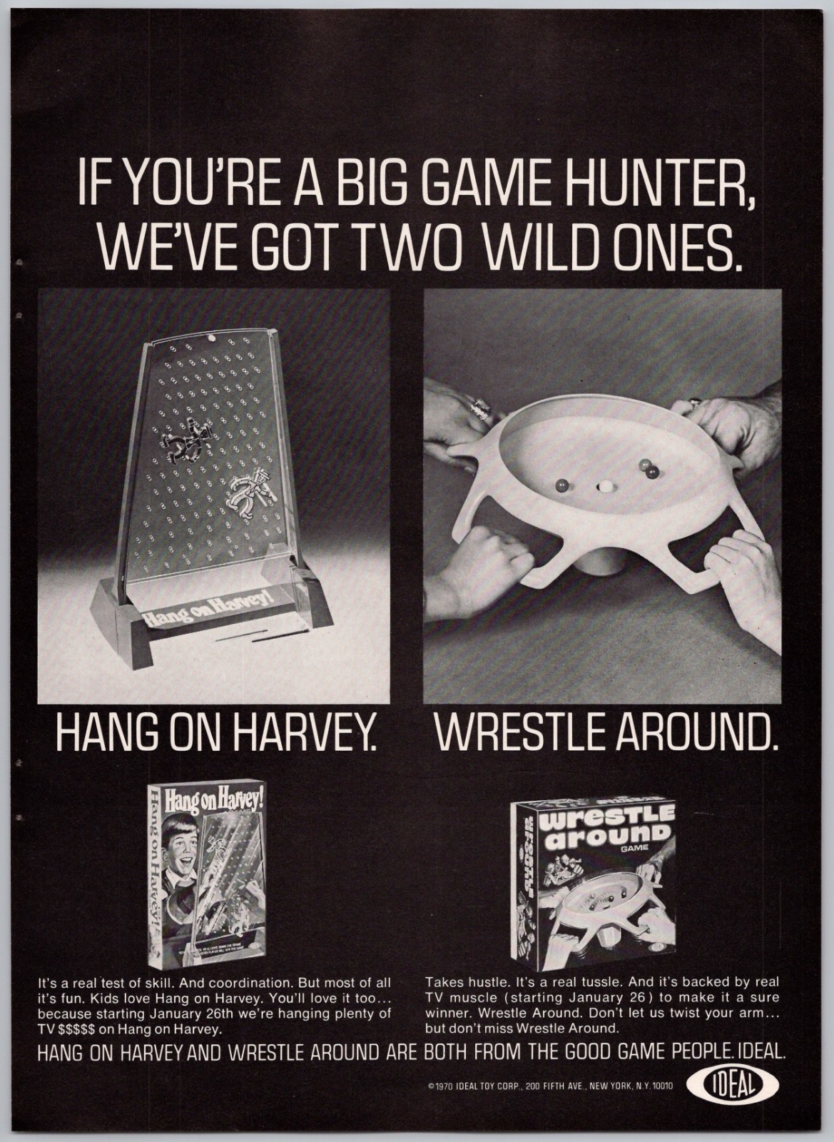 1970 Ideal Action Games Vintage Toy Ad Hang on Harvey & Wrestle Around