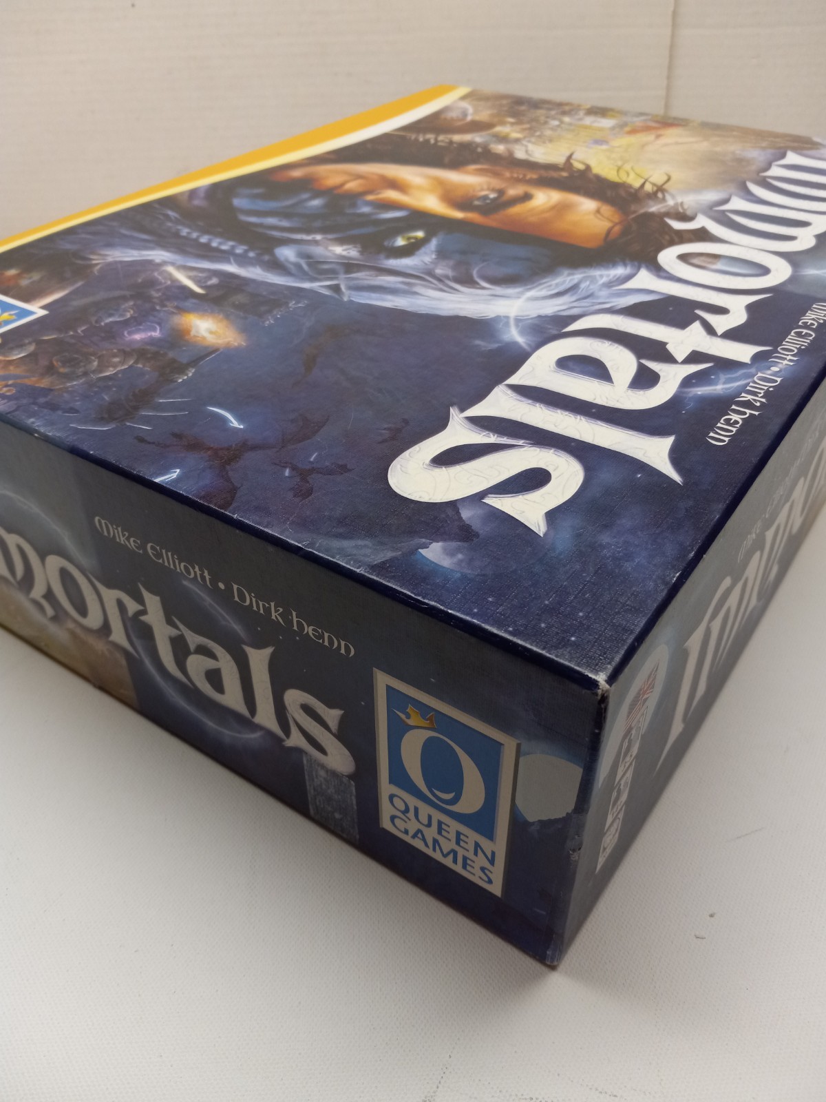 IMMORTALS Board Game Queen Games Almost Complete in Box Missing 1 Green Cube