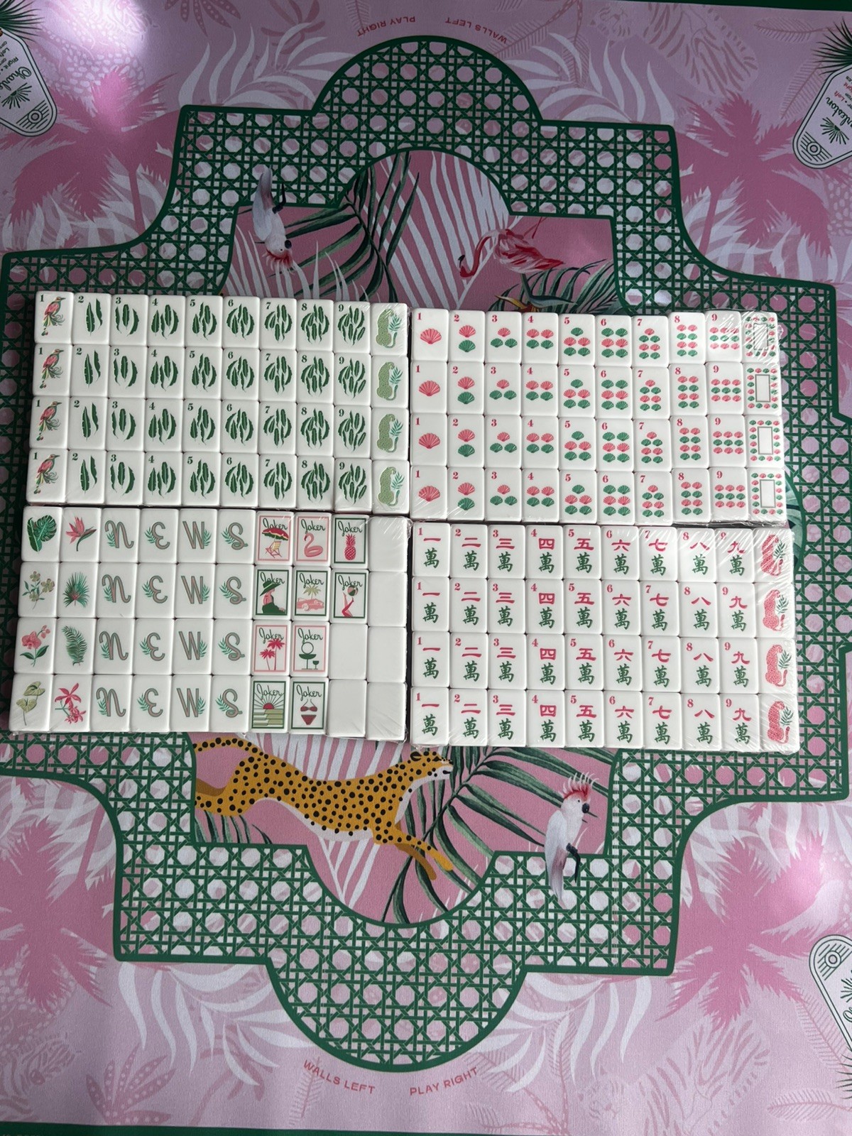 Green and Pink | American Mahjong Tile Set Beachy vibe with Cheetah Palm Mat