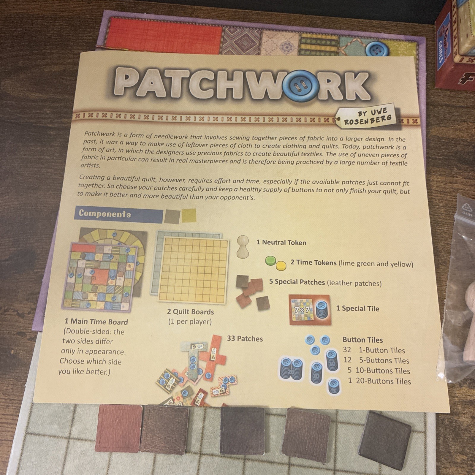 Patchwork Board Game By Uwe Rosenberg 2018 Lookout Games CIB Complete