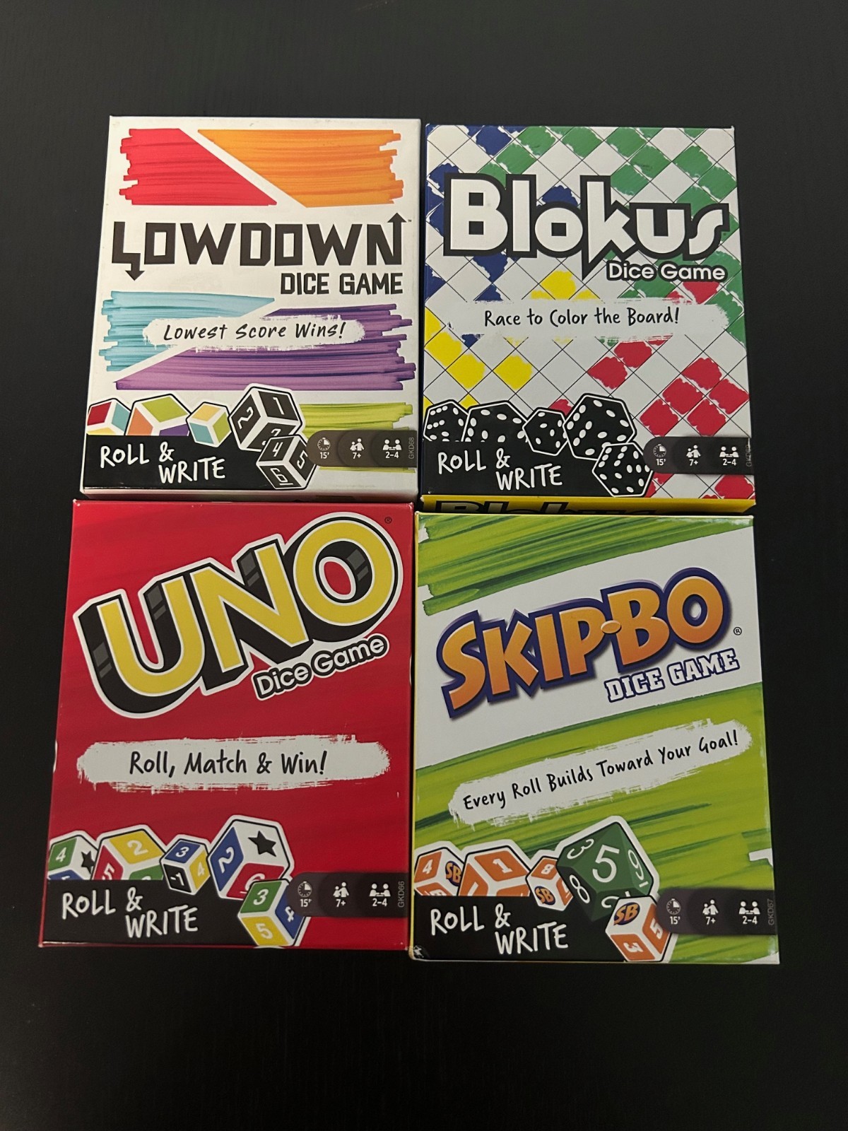 Roll & Write Board Game Lot – Uno, Lowdown, SkipBo, Blokus – Complete