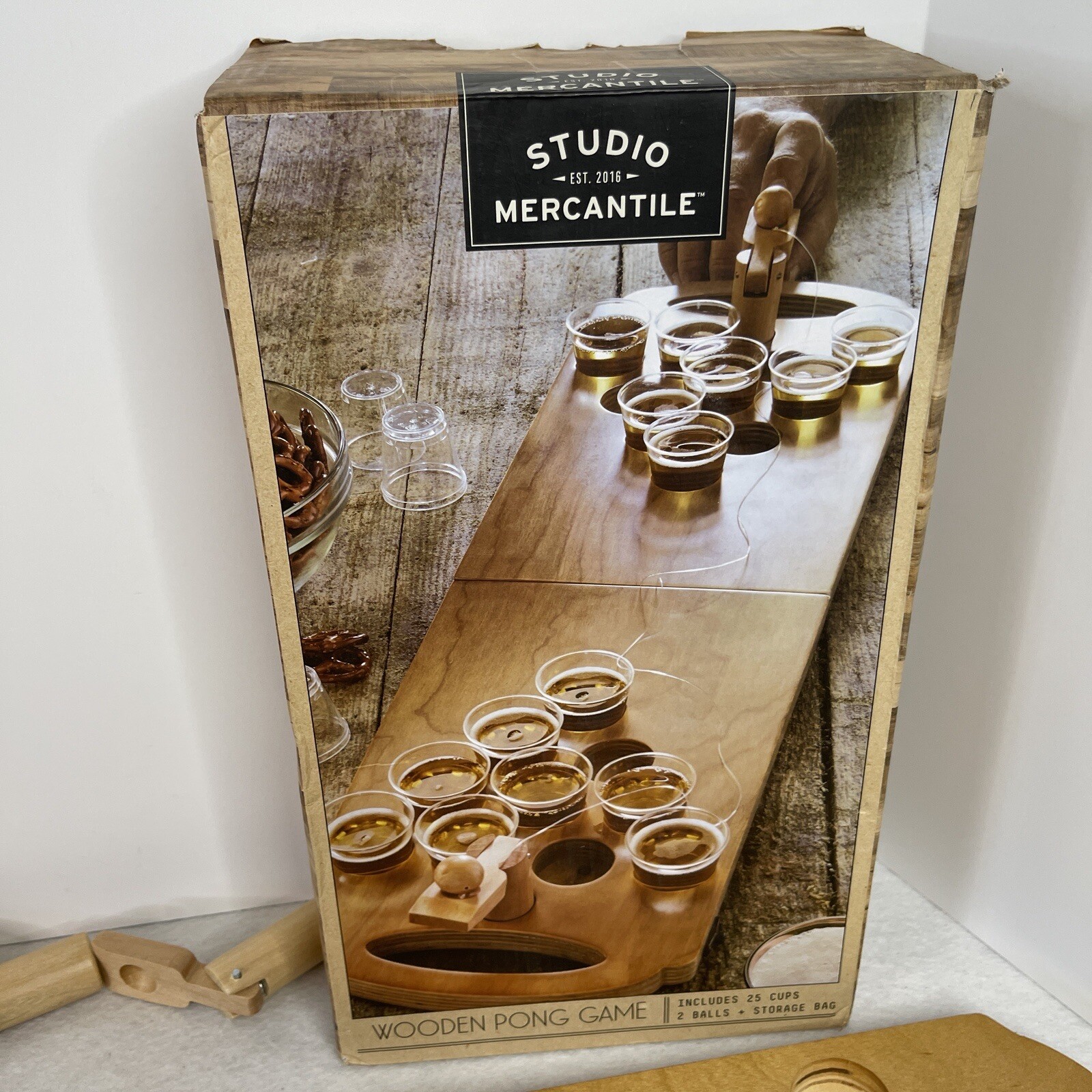 Studio Mercantile Wooden Pong Game Mini Beer Pong Party Set Adult Drinking Game