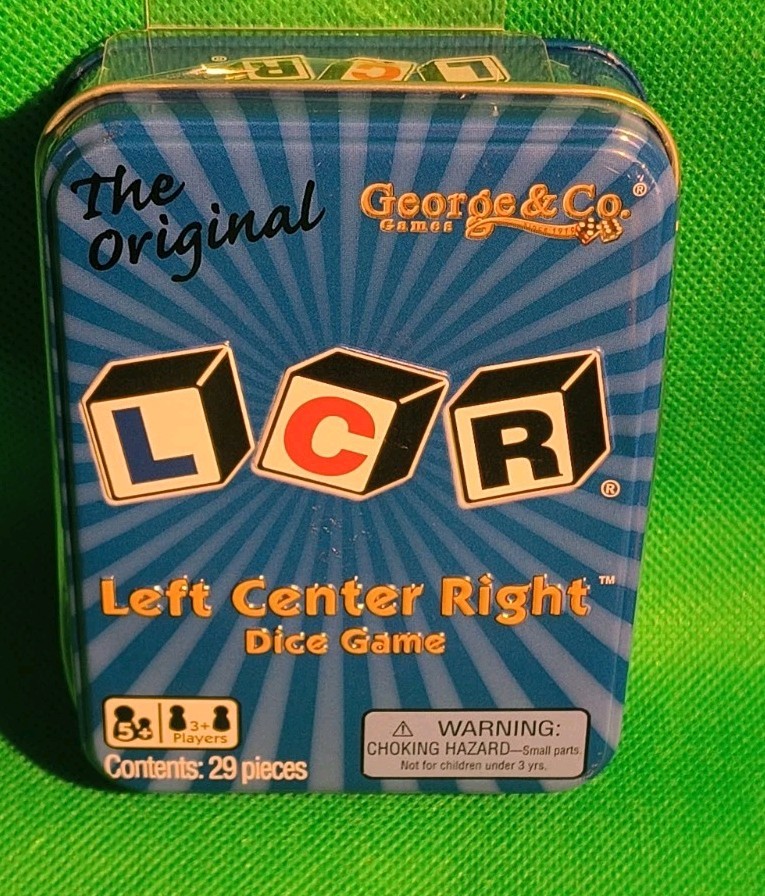Left Center Right Dice Game Blue LCR Tin Box Family Strategy Easy NEW AND SEALED
