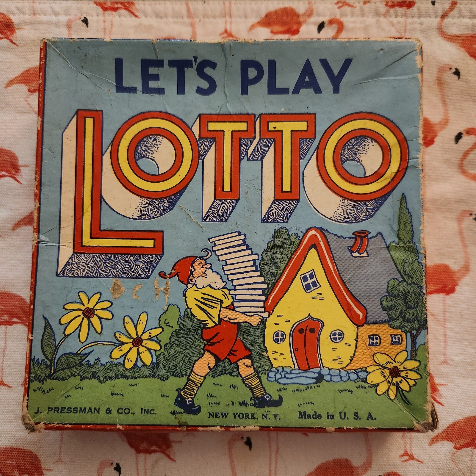 Vintage Let’s Play Lotto Game With Colorful Gnome Graphic On Box c. 1950s