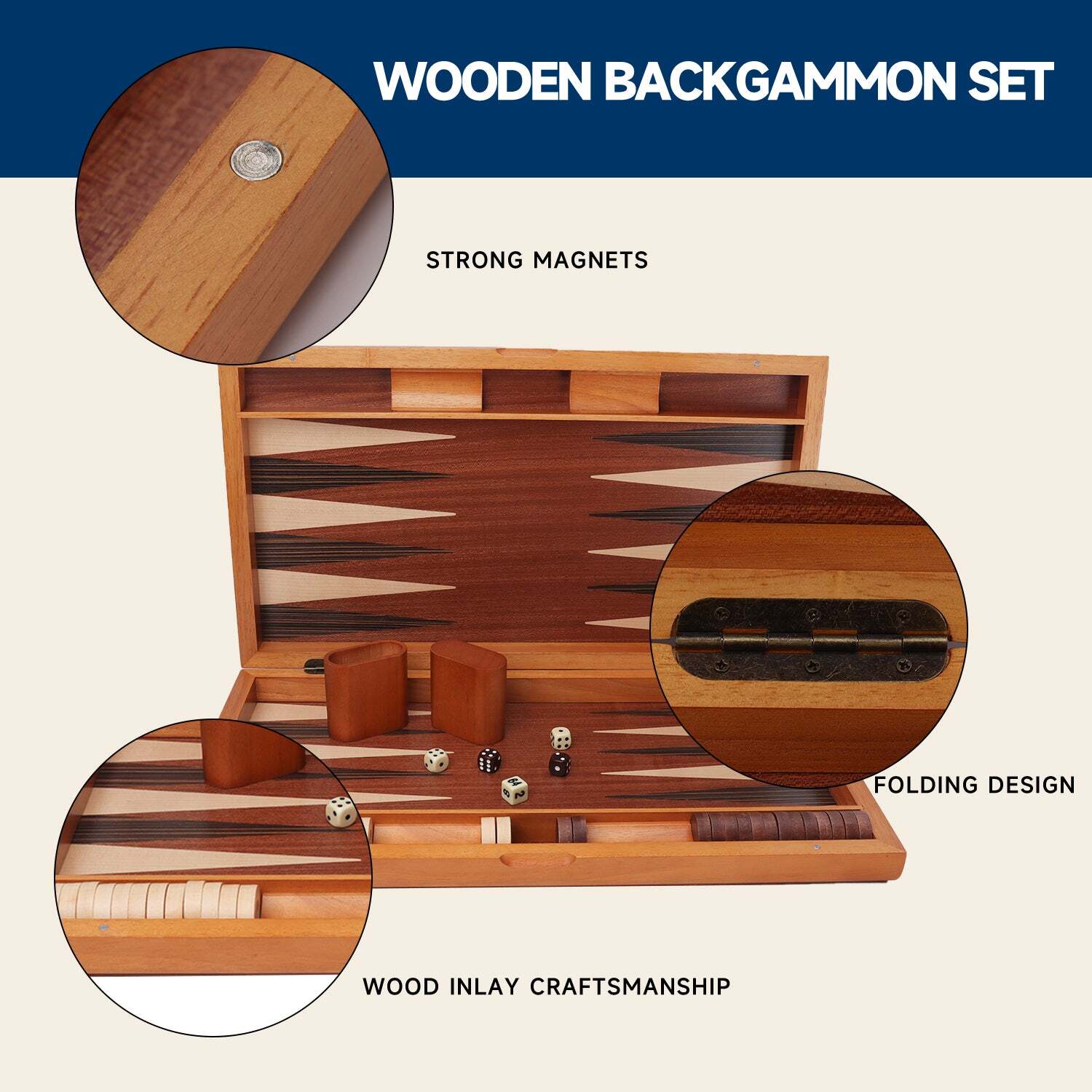 Classic 21″ Large Wood Backgammon Board Game Set. Inlay Focus Board w/Game Piece