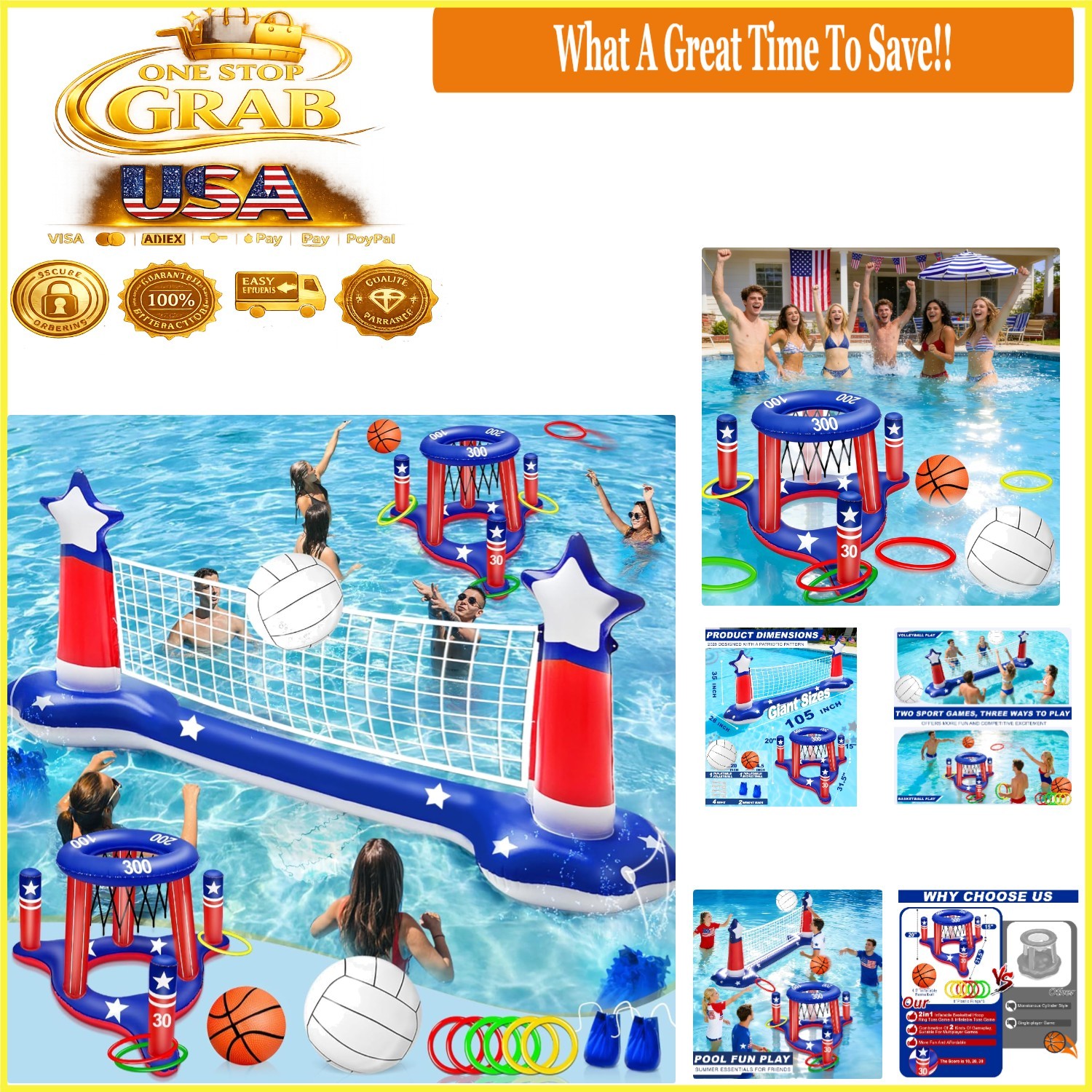 4th of July Pool Games Set Inflatable Water Sport Toys Patriotic 3-in-1 Large