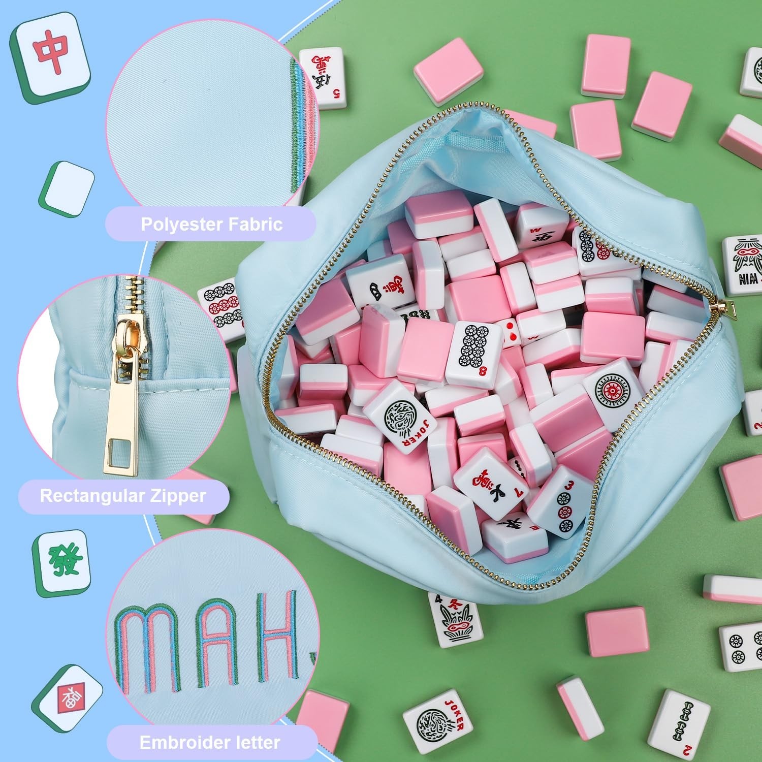 Portable Mahjong Tiles Bag for 1.2″ Tiles, Zippered Storage Case, Soft Blue Trav