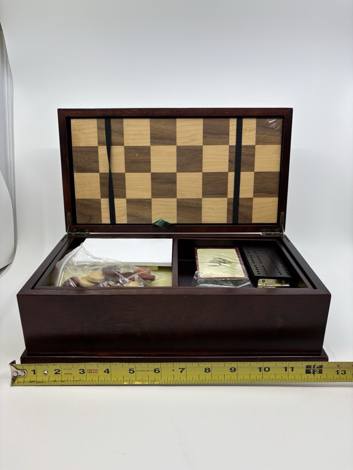 Levenger Wood Game Treasure Chest Chess Checkers Dominoes Cribbage Poker Dice
