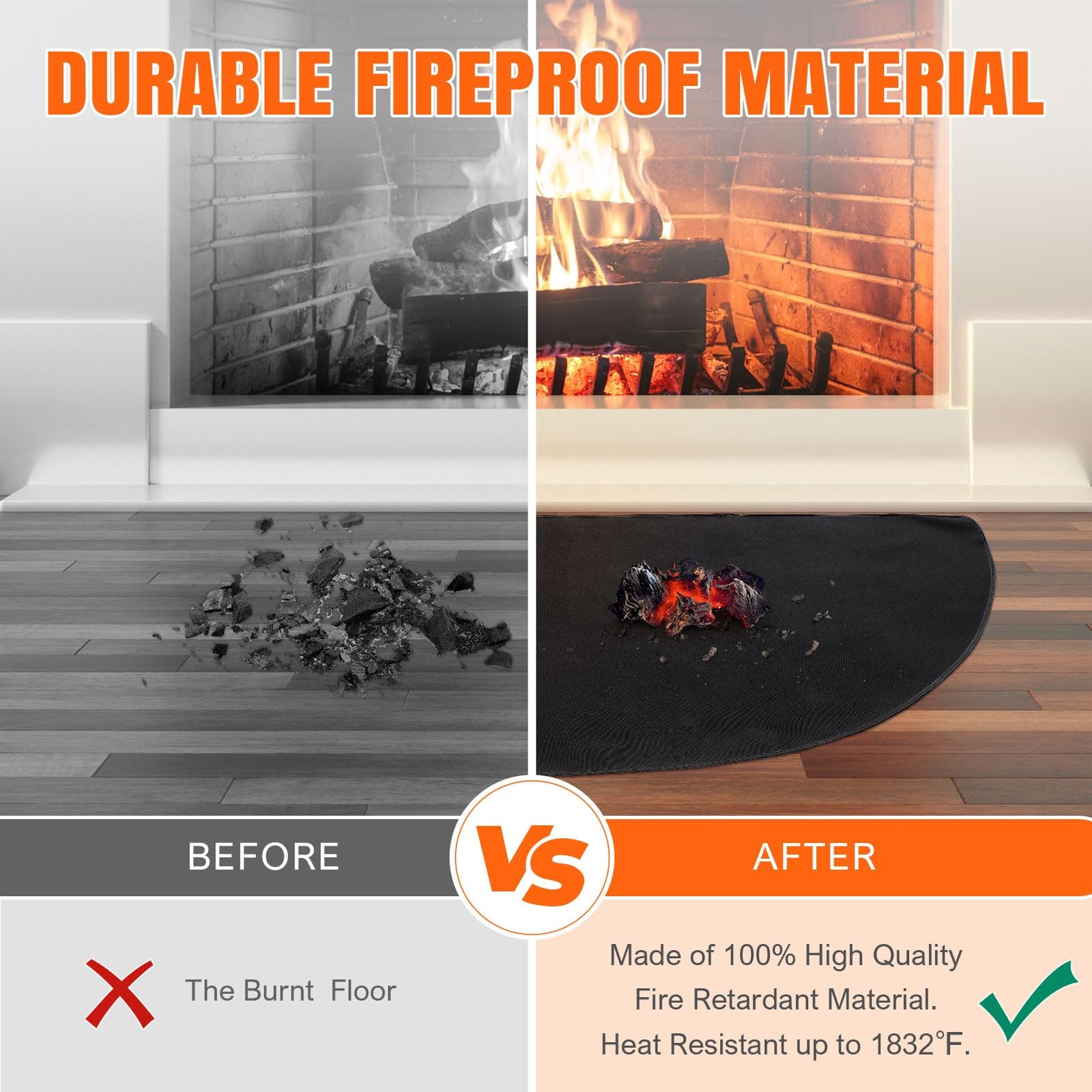 Fireplace Rugs Fire Resistant – 32 X 60 X 0.04 Inch Round 5′ (Round), Black