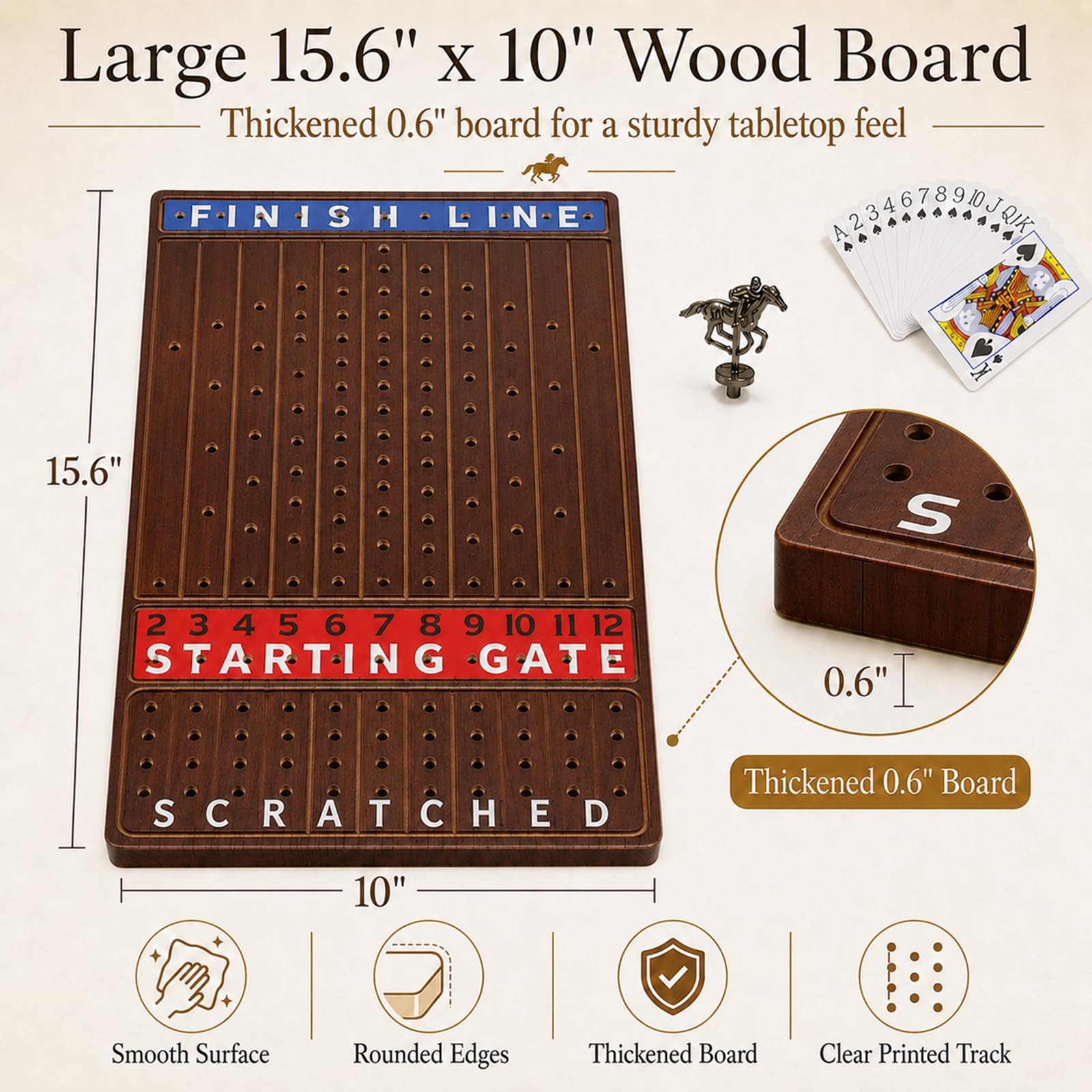Jyquorp Horse Race Board Game Wooden Kentucky Derby Party Large, Walnut