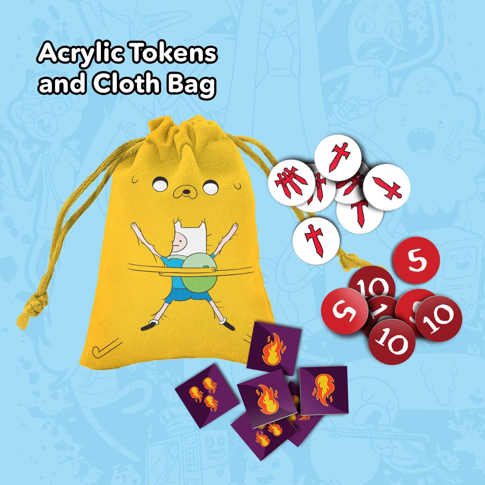 Adventure Time Card Wars: Acrylic Burn, Attack, & Mega HP Tokens & Bag (Kickstar