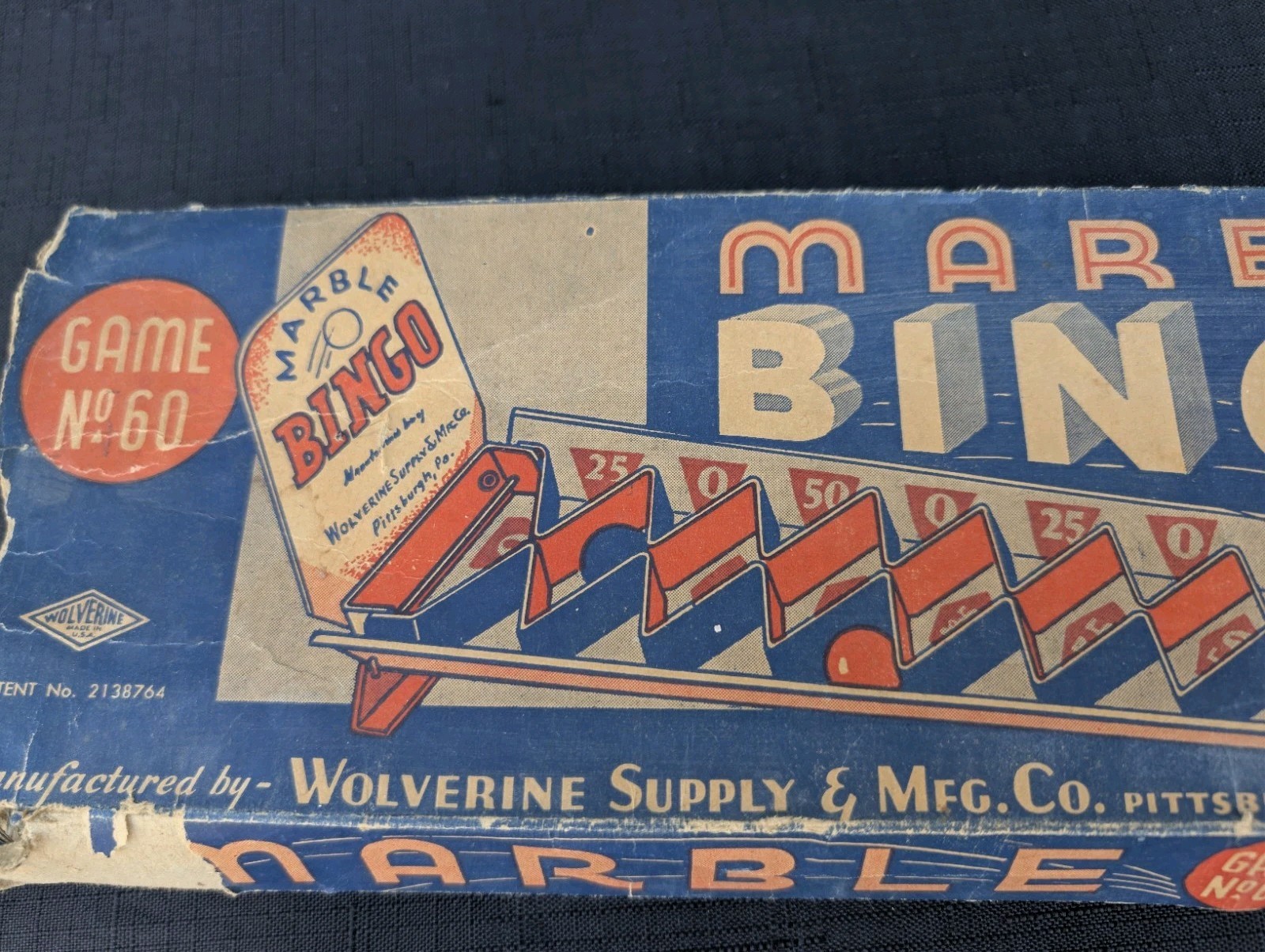 Vintage antique Wolverine No. 60 Marble Bingo Tin litho Toy Game w/ Original Box