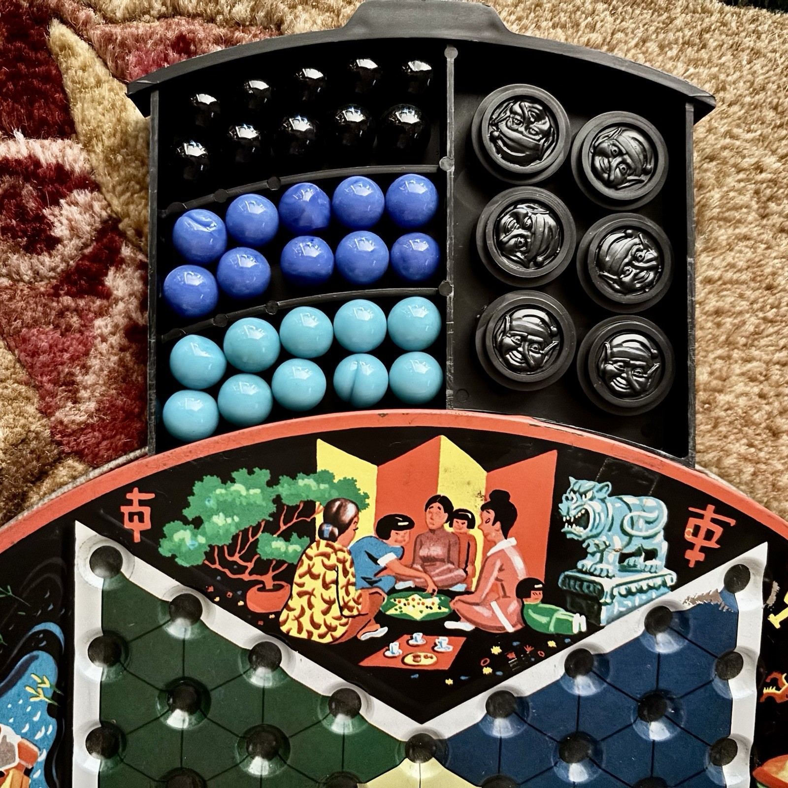 VTG Metal Tin Pixie Game Chinese Checkers Game Green Dragon w/Marbles Checkers