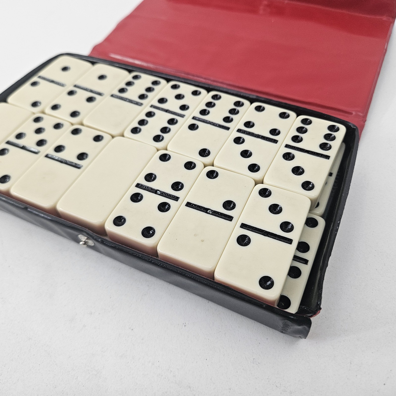 Vintage Dominoes Set Travel Case Black Leatherette Red Felt Made in Hong Kong