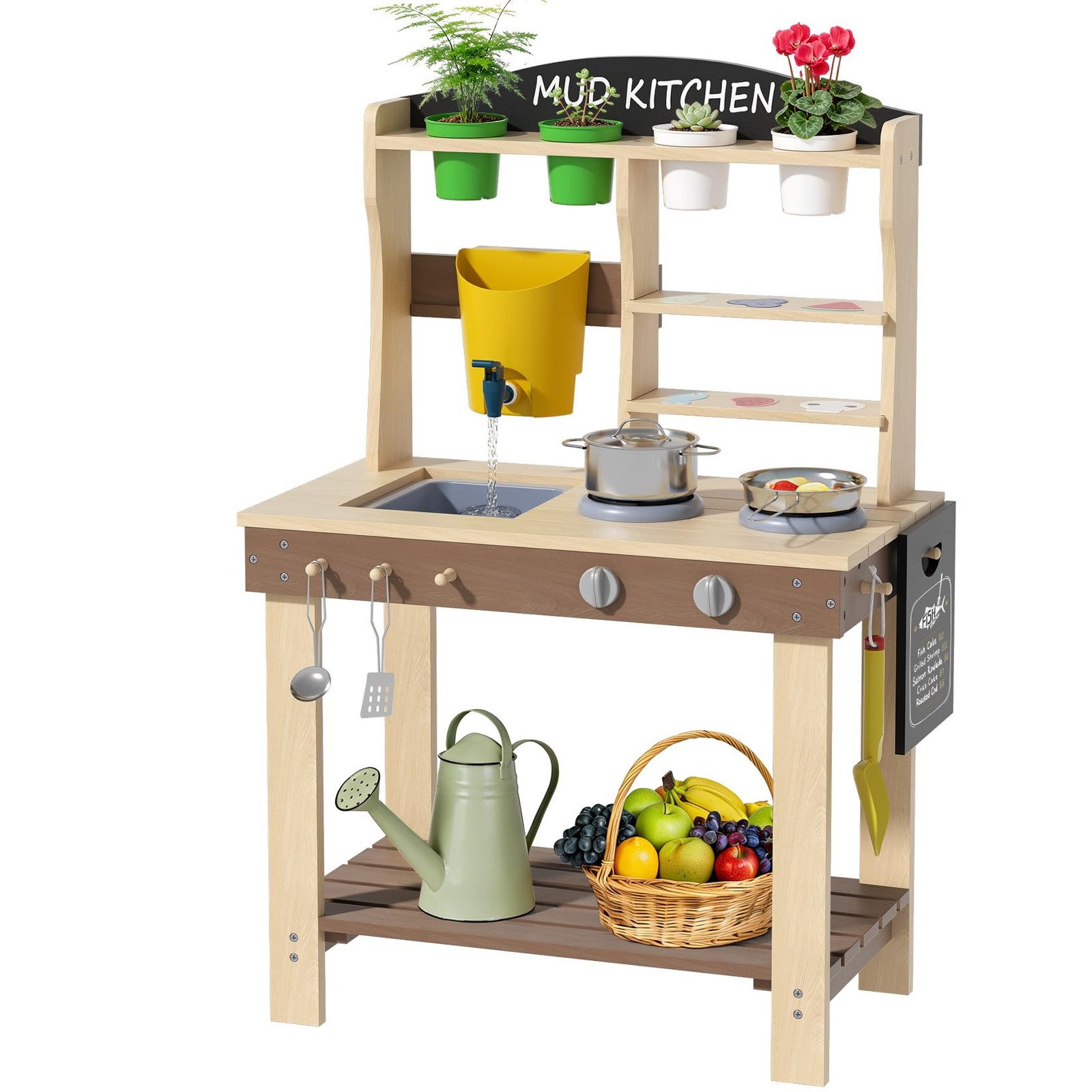 Mud Kitchen Wooden Outdoor Play Sink Faucet Toddlers Brown 35.6 H BIERUM Kids
