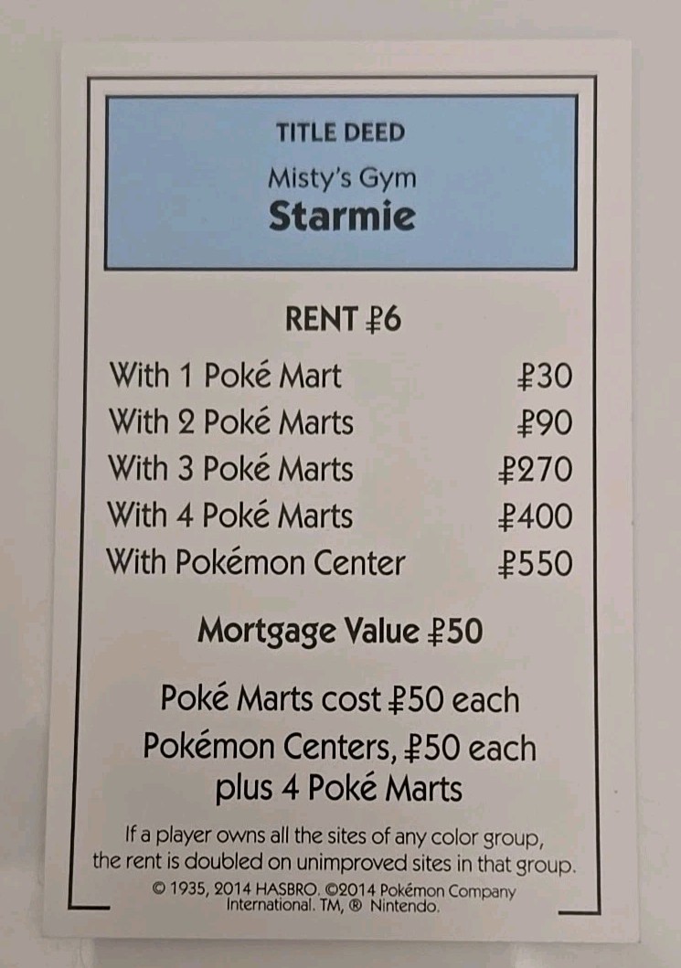 2014 Monopoly Pokémon Misty’s Gym Starmie Light Blue Title Deed Card Game Piece