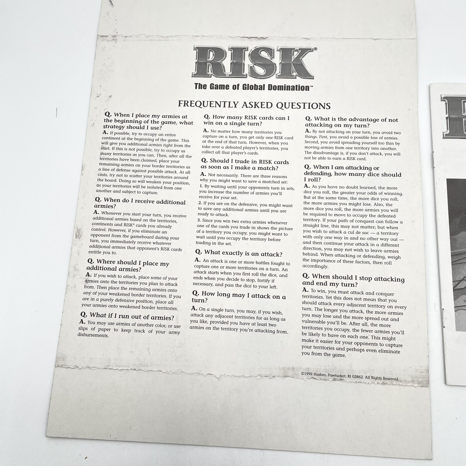 RISK 1998 Board Game of Global Domination Replacement Parts: Manual & Insert