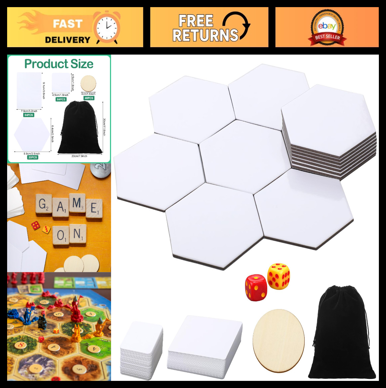 229 Pcs Blank Board Game Set – 20 Hexagon Tiles, Dice, Cards, Wood Chips & Bag –