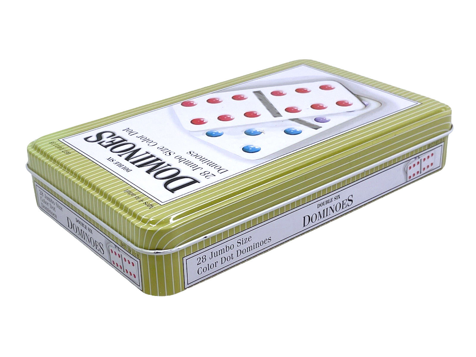 Double Six Jumbo Dominoes Colored Dots in Yellow Tin Storage Box *READ*