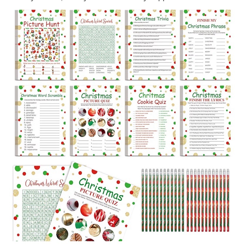 Christmas Party Set 8 Games for 25 people Scramble Word Search Pencils NEW