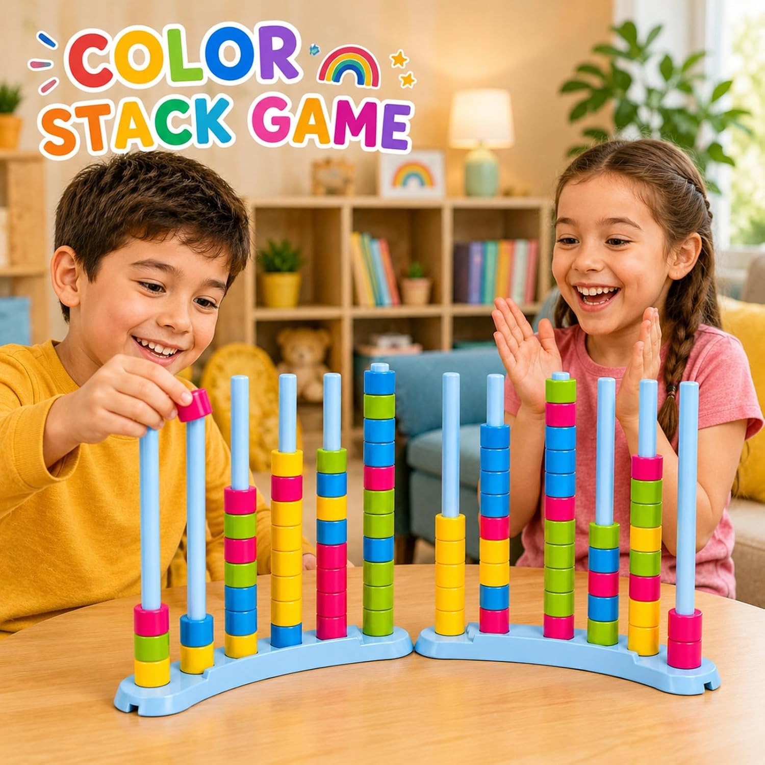 2 Pack Color Stack Challenge Game – Stacking Board Game Set with 2-4 Players Kid