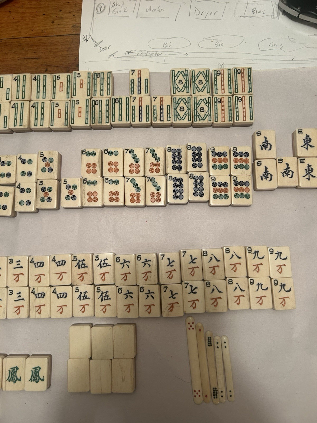 Vintage Bone and Bamboo Mahjong Tiles And Bag of Counting Sticks