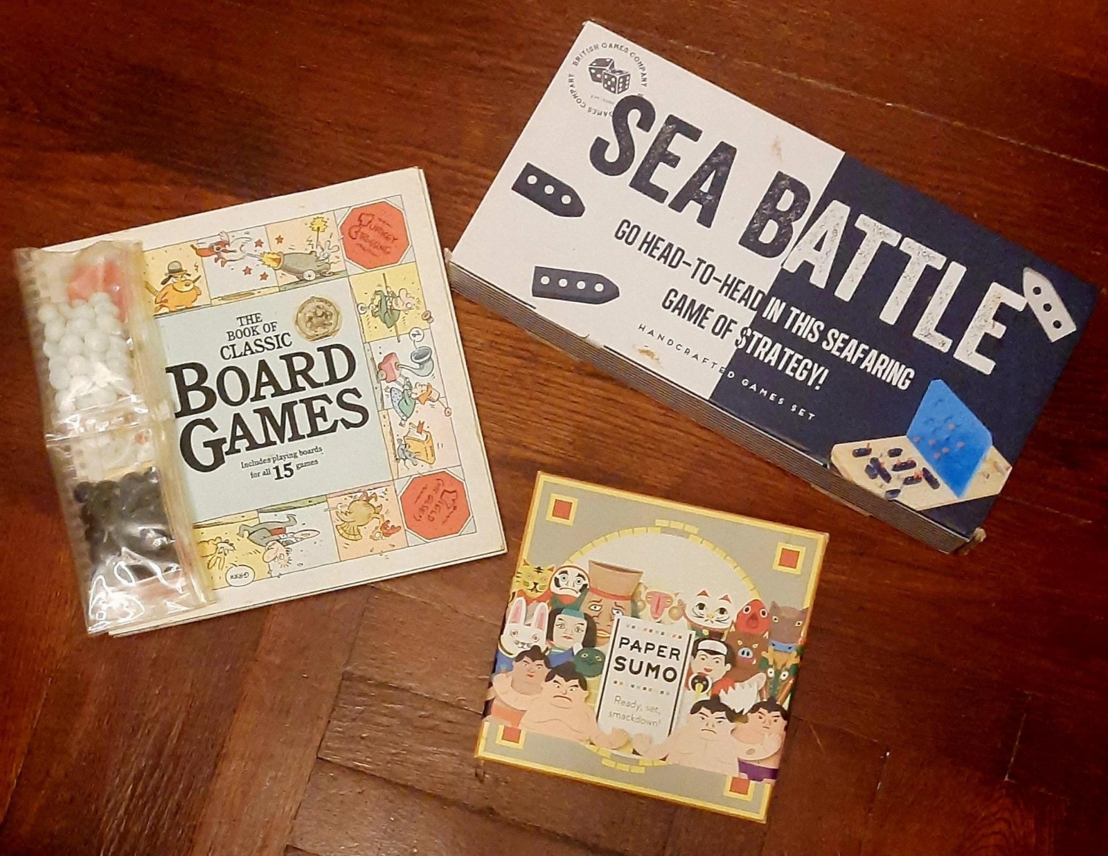 LOT 3 games for 2 person play: Wooden Sea Battle/Paper Sumo/Classic Board Games