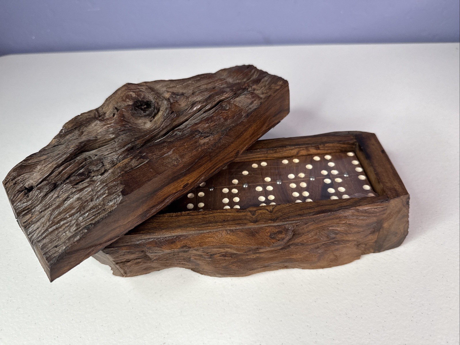 Wooden Domino Dominoes Set In Wood Box Natural New Log Vintage Rare