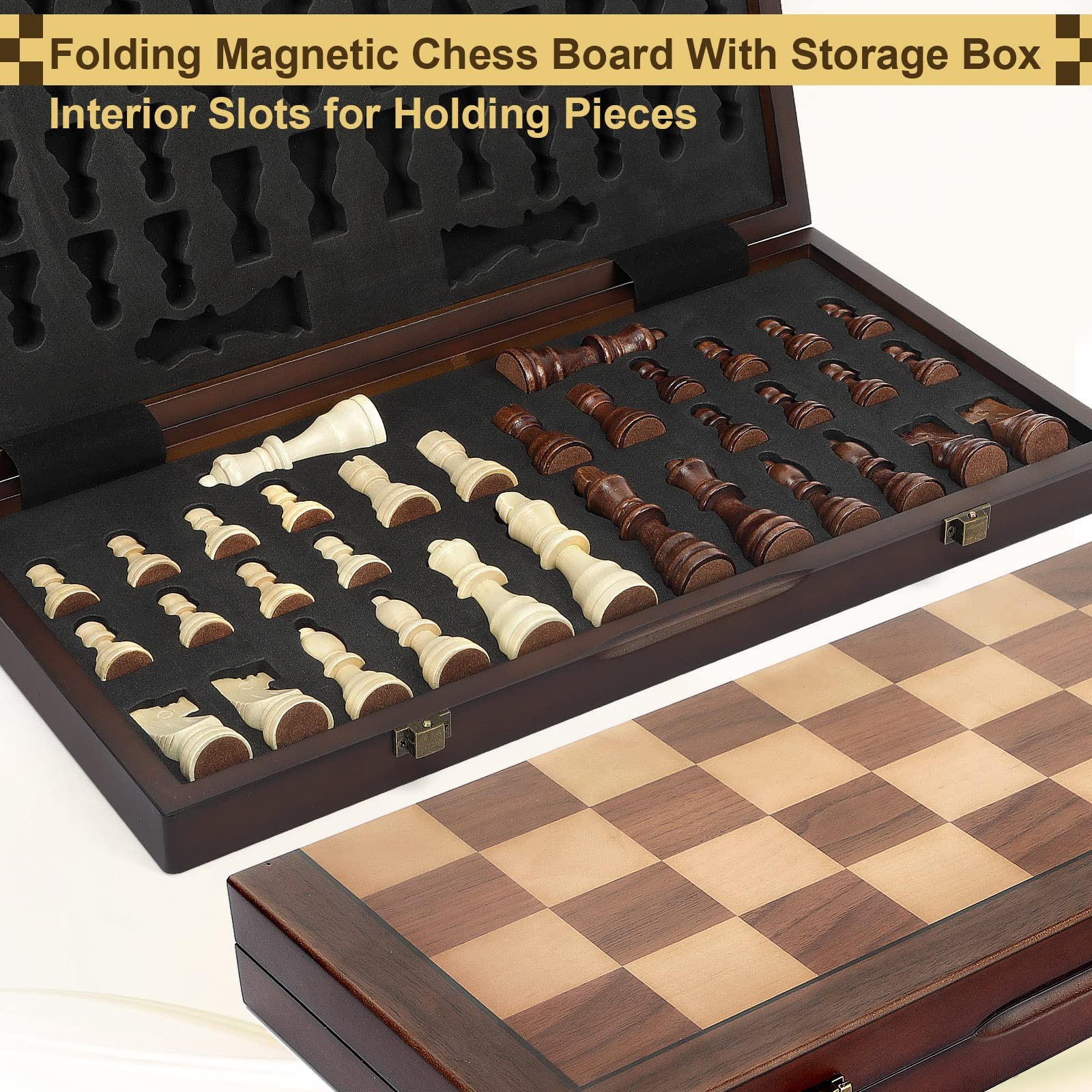 Unique Handmade Wooden Magnetic Chess Set Folding Portable Travel Game Board 17″