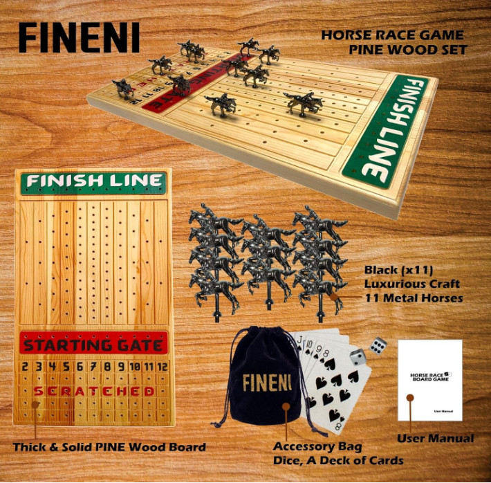 Horse Racing Board Game with Luxurious Durable Metal Horses, 11 Pieces, Black