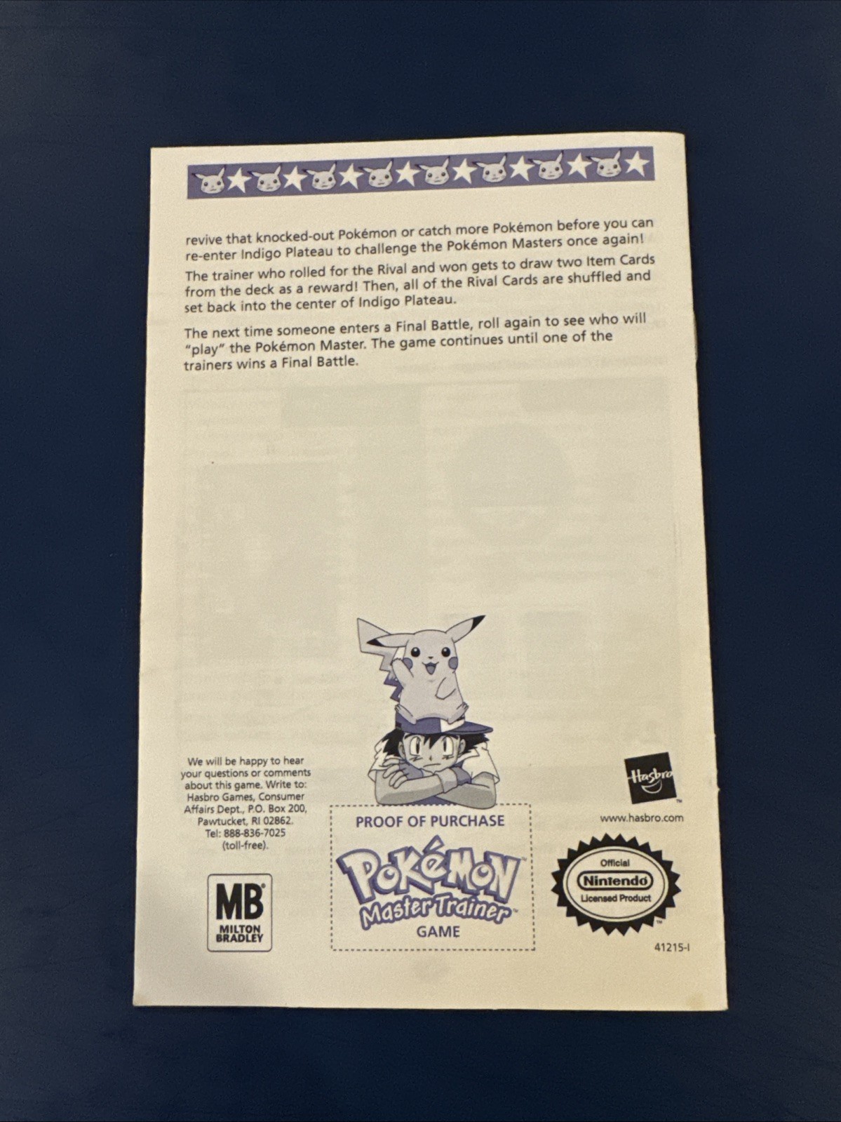 Pokémon Master Trainer Board Game 1999 Instruction Manual Replacement