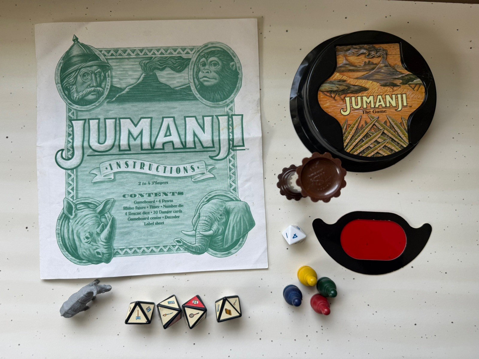 1995 Jumanji Board Game Milton Bradley Complete w Sand Timer Rhino