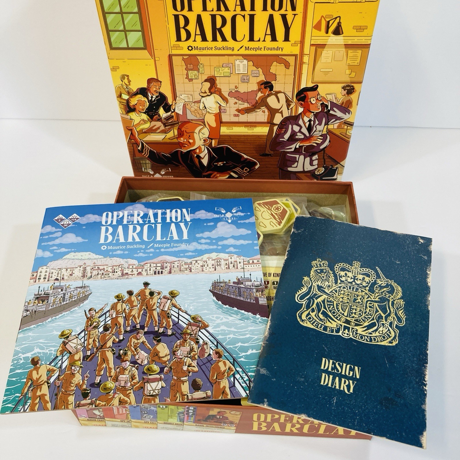 OPERATION BARCLAY BOARD GAME + ACRYLIC TILES english & spanish salt & pepper EUC