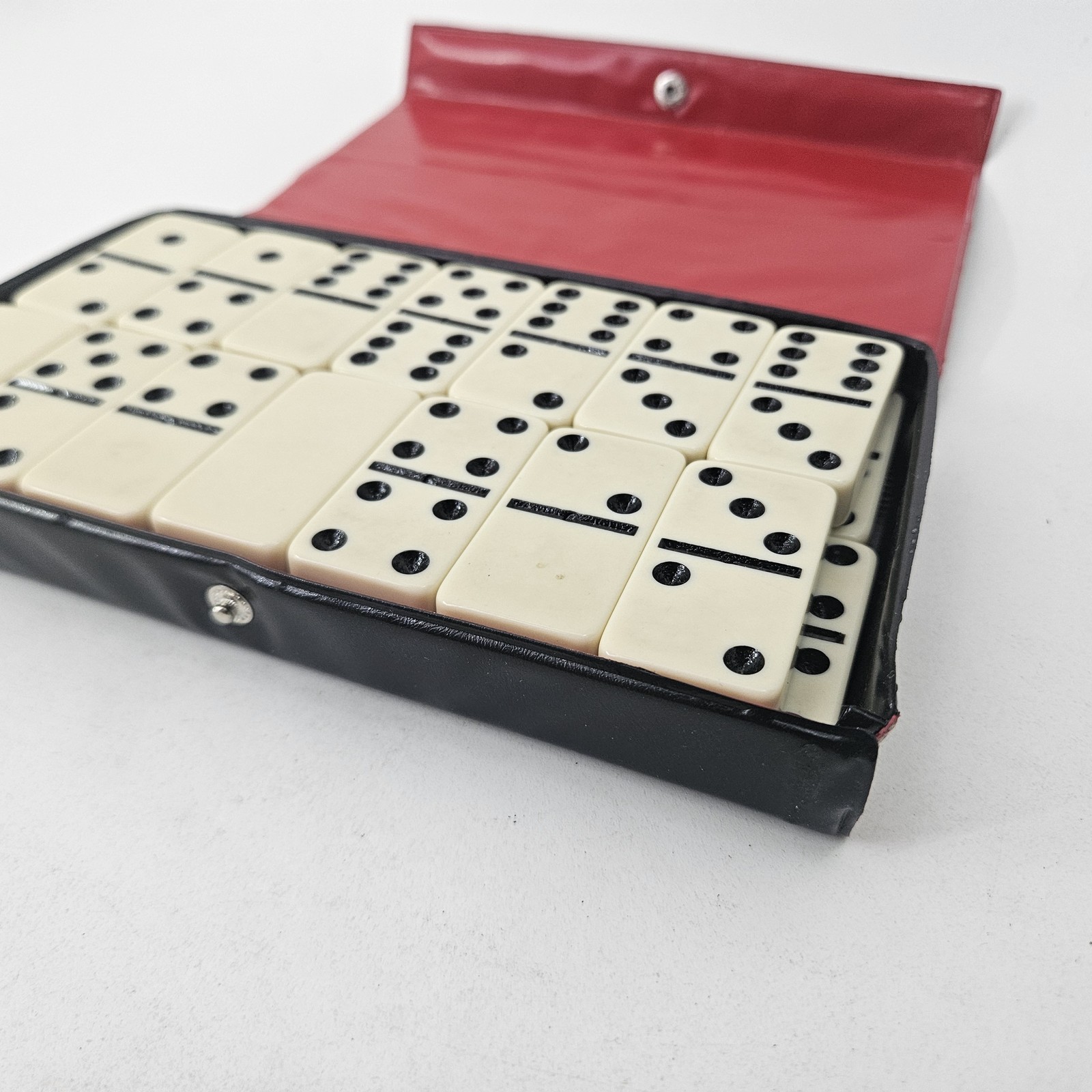 Vintage Dominoes Set Travel Case Black Leatherette Red Felt Made in Hong Kong