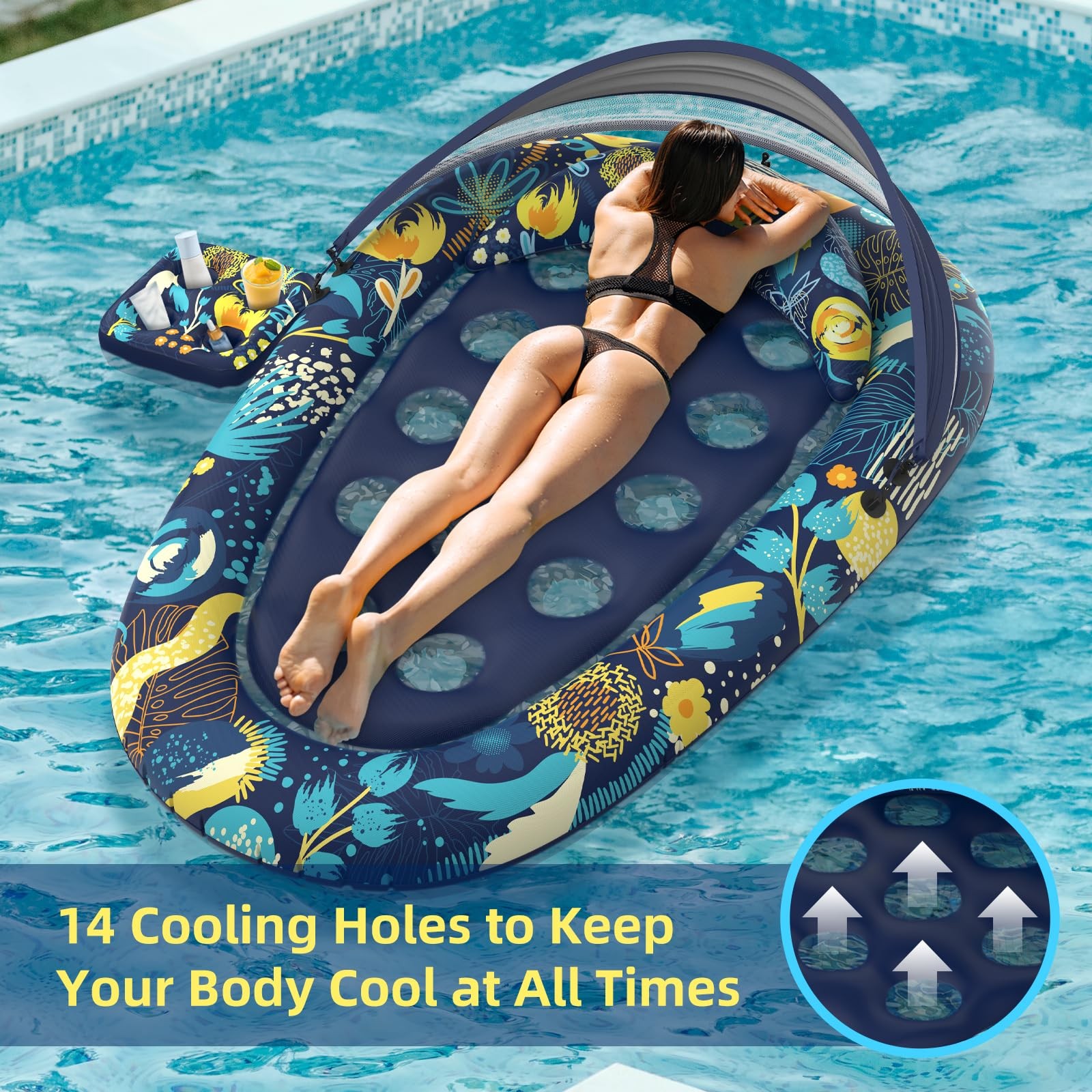 Pool Float 73 x 48 Canopy Cup Holder Heavy Duty Inflatable Lounger Sunikko Large