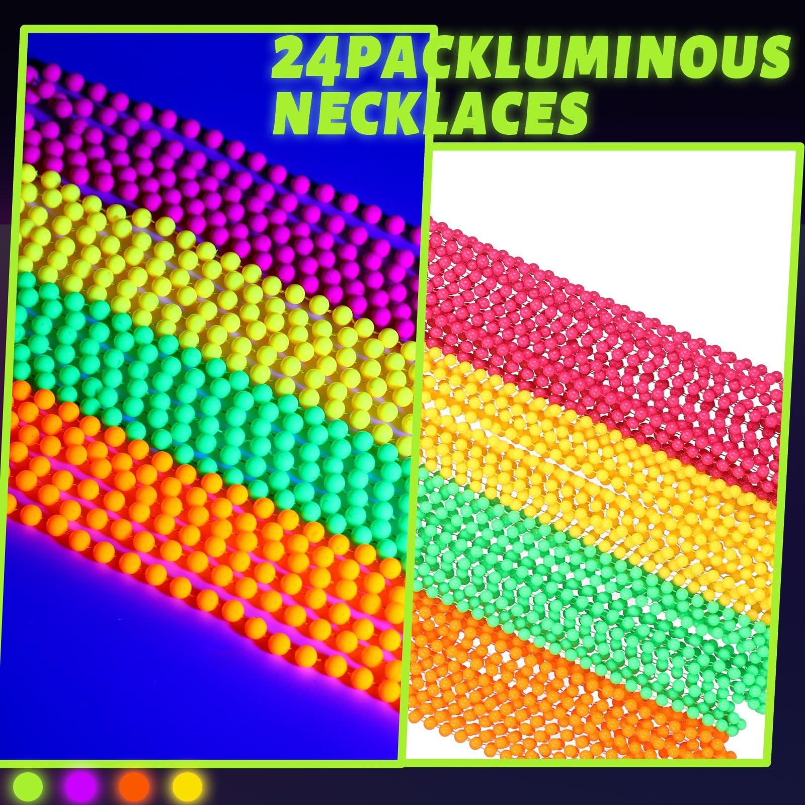 Neon Beads Necklaces 48 Pieces 33 Glow Dark UV Party Supplies Ecally Black Light
