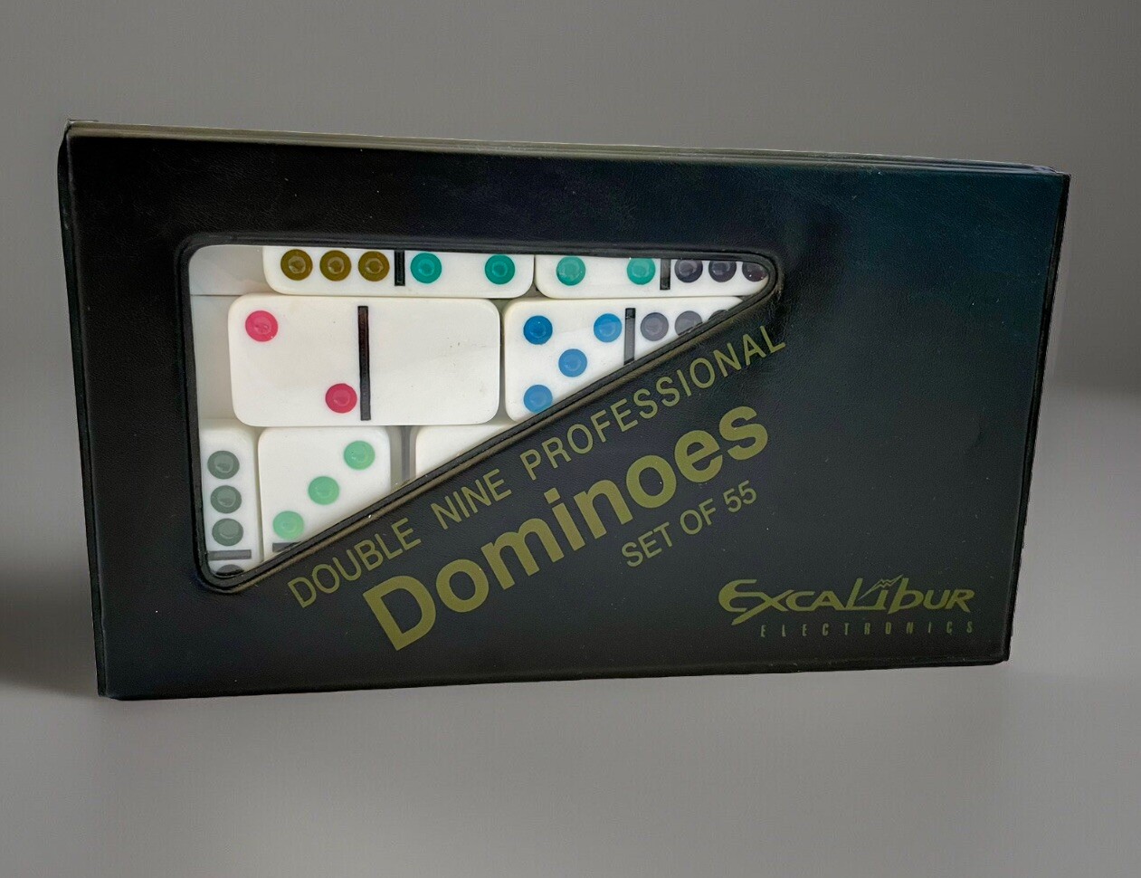 EXCALIBUR PROFFESIONAL DOMINOES Double-Nine Colored Set Of 55 Black Case