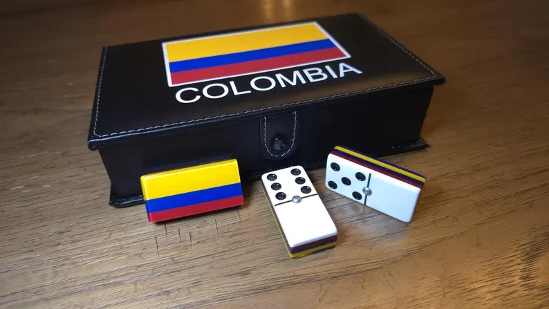 Colombia Jumbo Domino Set, Double 6, Metal Spinner, Leather Case