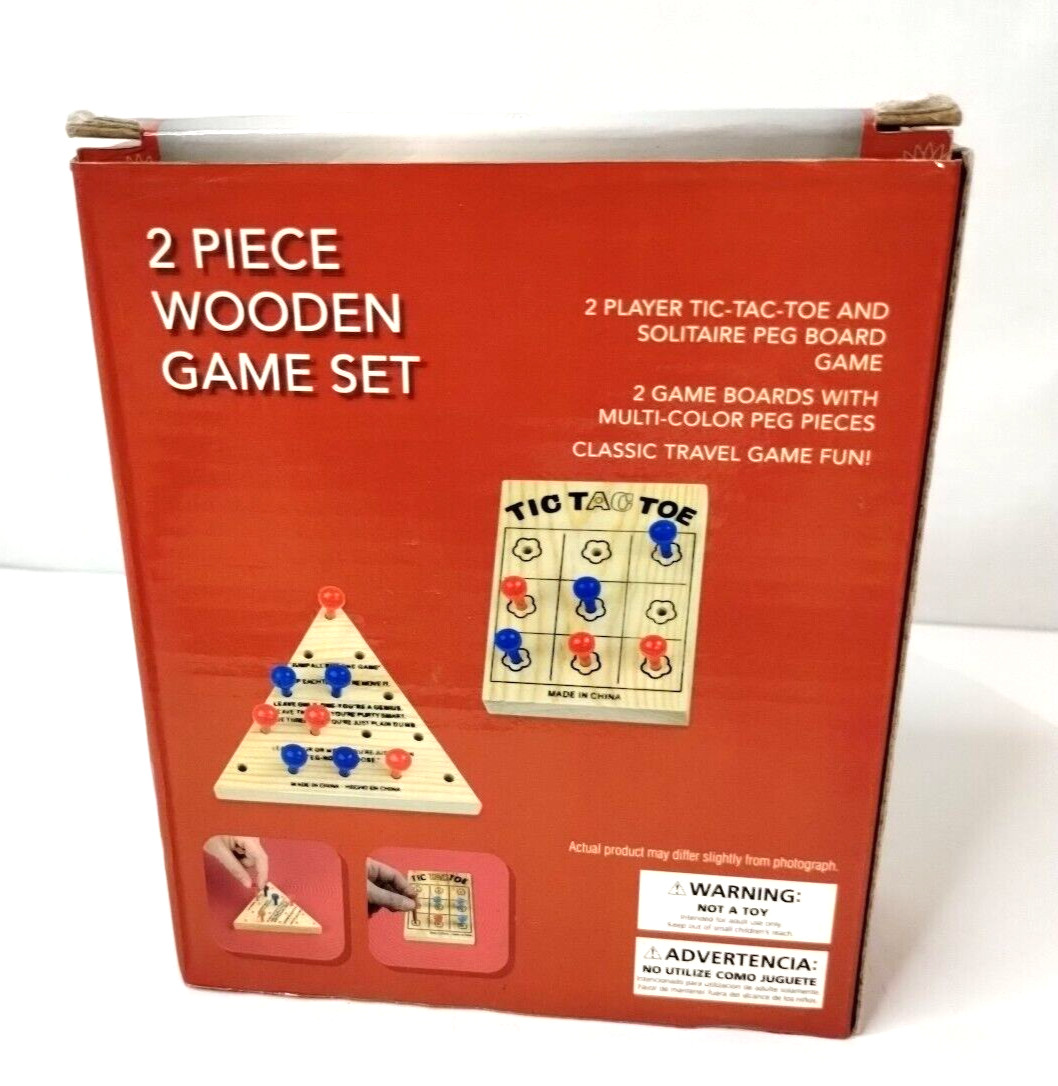 2 Piece Wooden Games By Totes Tic-Tac-Toe & Solitaire Mini Travel Peg Boards
