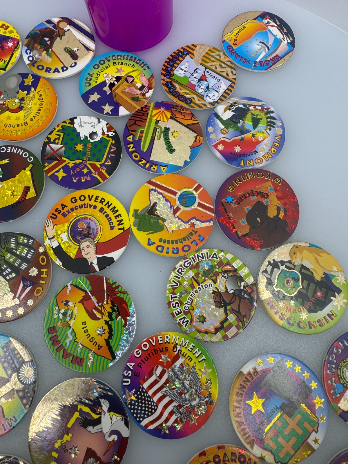 Vintage POGS incomplete Set of Foil States And Government With Rohks Container
